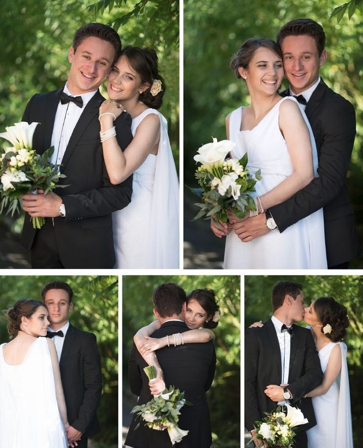 a bride and groom posing for pictures together