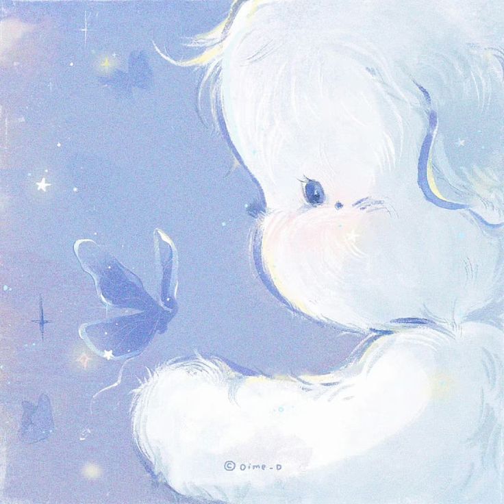 a painting of a white teddy bear with blue eyes and wings flying in the sky