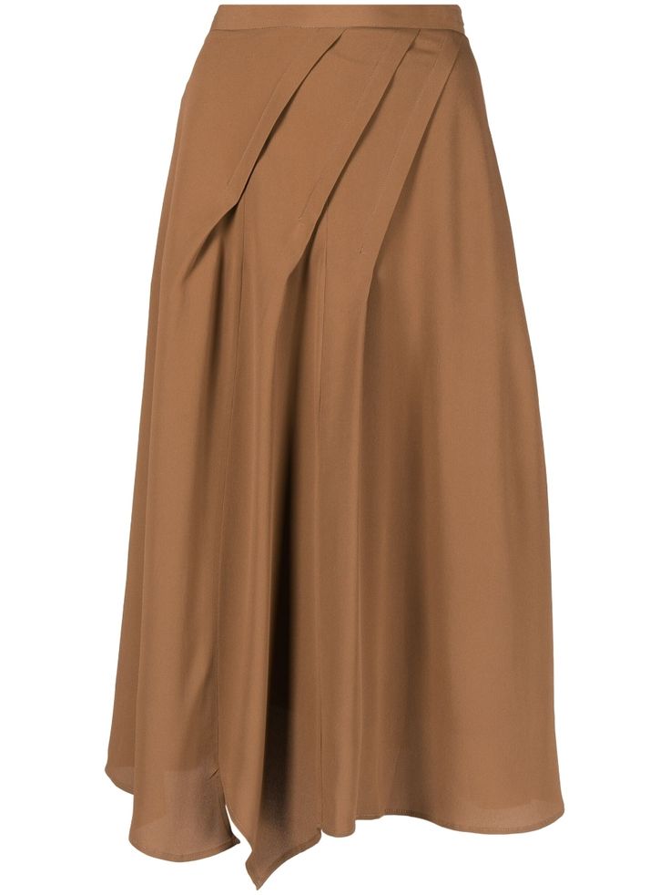 caramel brown fitted waistline draped design diagonal stripe pattern concealed rear zip fastening below-knee length asymmetric hem Long Skirt Design Ideas, Skirt Soiree, Midi Skirt Brown, 2piece Outfits, Geometric Fashion, Blouse Casual Fashion, Rock Outfit, Sequence Work, Skirt Patterns Sewing