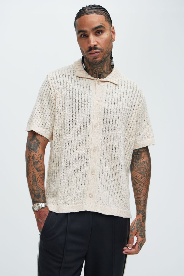 Available In Cream. Fold Down Collar Front Button Closure Short Sleeve 60% Polyester, 40% Acrylic Imported | Mens Perez Stripe KniT-Shirt in Cream size XL by Fashion Nova Knitted Shirts Men, Cream Fashion, Men's Knit, Knit Shirt, Outfit Idea, Striped Knit, Collar Shirts, Swim Shorts, Clothes For Sale