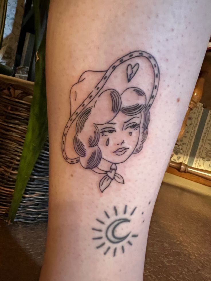 Fine Line Pinup Tattoo, Fineline Cowgirl Tattoo, Fine Line Cowgirl Tattoo, Even Cowgirls Get The Blues Tattoo, Cowgirl Head Tattoo, Fine Line American Traditional Tattoo, Fine Line Traditional Tattoo, Disco Cowgirl Tattoo, Vintage Cowgirl Tattoo