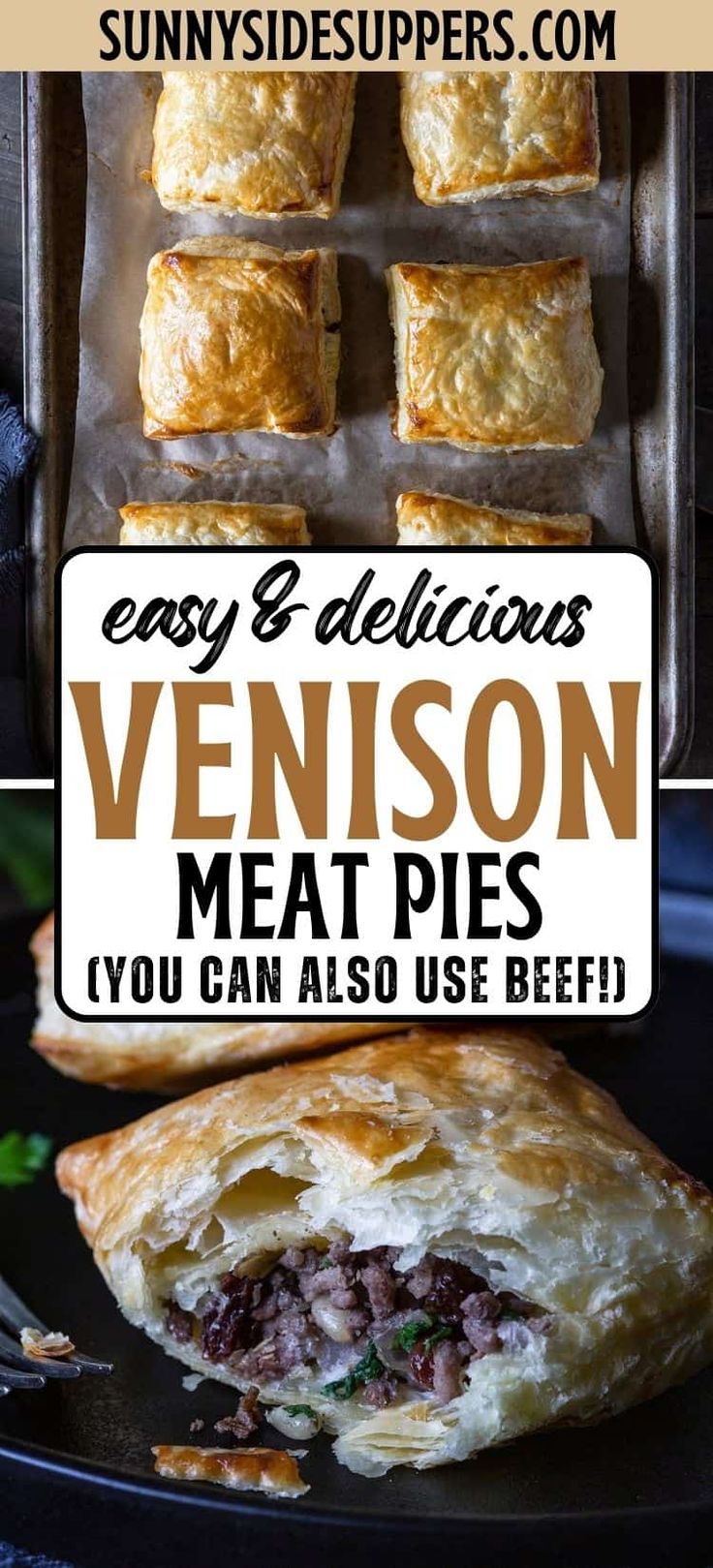 an easy and delicious venison meat pie is shown on a black plate with text overlay