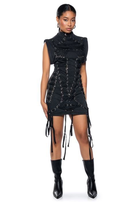 BANKS LACE UP MOCK NECK KNIT MINI DRESS IN BLACK Black Mini Dress With Shrug, Akira Fashion, Luxury Black Mesh Dress, Luxury Sheer Mesh Mini Dress, Black Bodycon Mesh Mini Dress, Brown Embellished Mesh Dress, Zebra Print Mesh Dress, Gold Blazer, Black Mesh Top