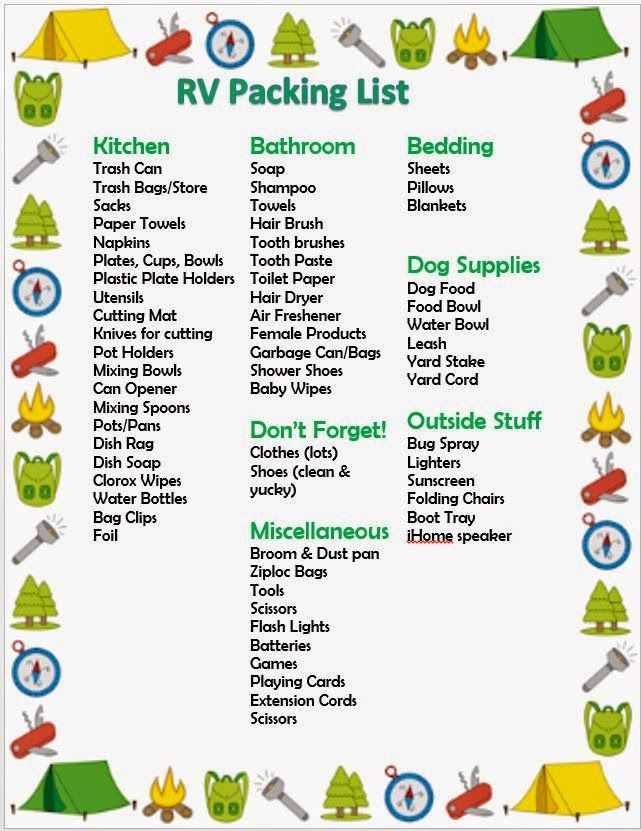 the camping list is shown in green and blue with white lettering, which reads rv packing list