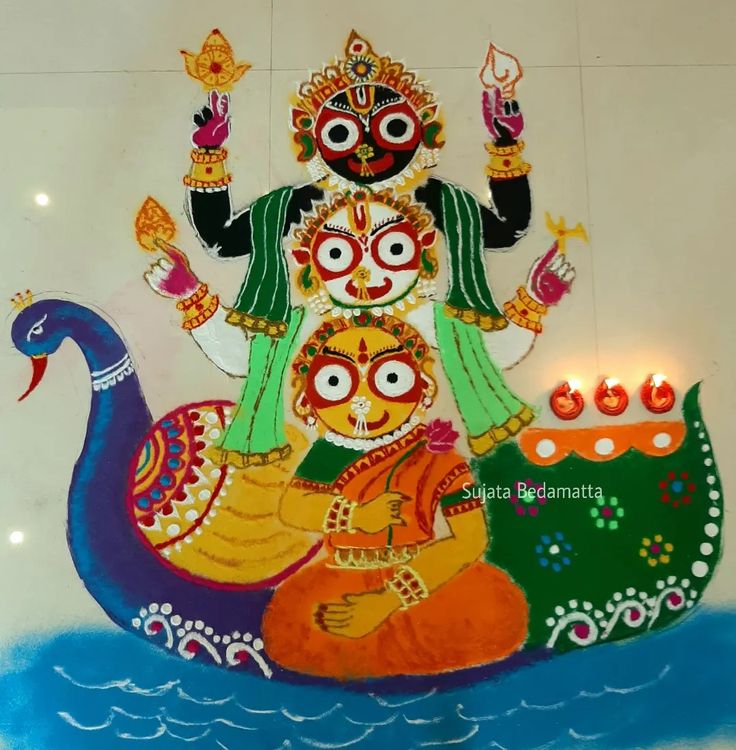 a painting on the side of a building depicting hindu god and woman riding a boat