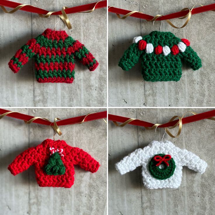 crocheted christmas sweaters hanging on a red ribbon