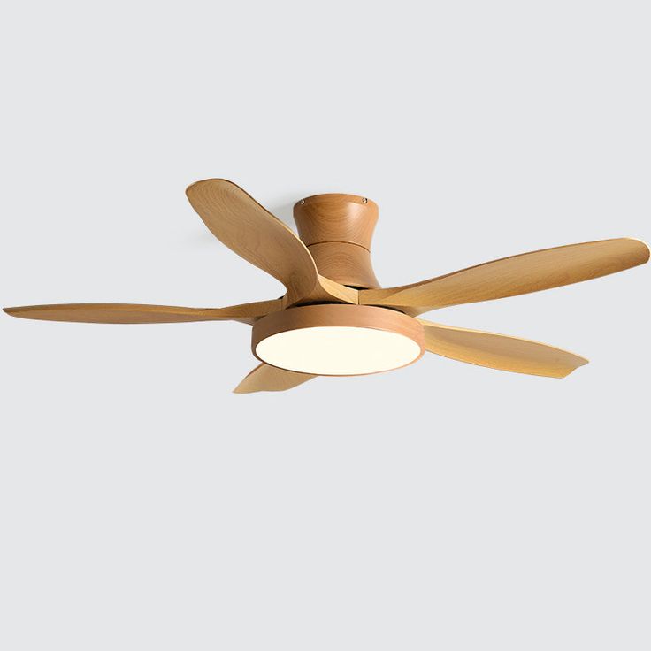 a ceiling fan with wooden blades and light