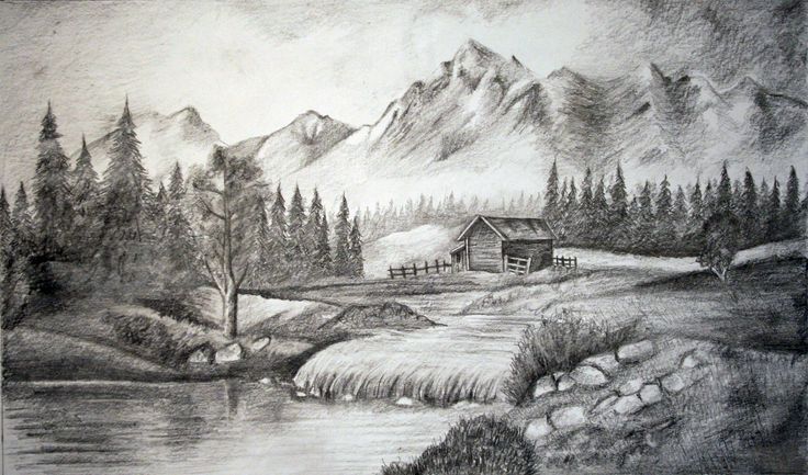 a pencil drawing of a cabin in the mountains with a river running between it and trees