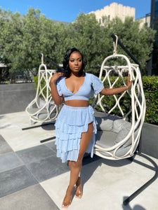 Vacay bae wrap skirt set | blue – bbkayla Summer Sets With Fitted Ruffle Hem, Summer Sets With Ruffle Hem And Fitted Design, Two-piece Skirt Set For Day Out In Summer, Two-piece Skirt Set For Summer Day Out, Two-piece Skirt Set For A Summer Day Out, Two-piece Skirt Set For Spring Vacation, Spring Party Skirt Set With Ruffles, Fitted Skirt Set For Vacation In Spring, Summer Two-piece Tiered Skirt Dresses