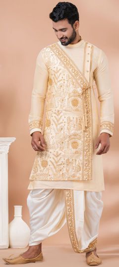 Gold color Dhoti Kurta in Viscose fabric with Embroidered, Thread work Plus Size Lehenga, Dhoti Kurta, Mirror Work Saree, Wedding Kurta For Men, Maroon Saree, Kurtis Tops, Party Wear Kurtis, Silk Saree Banarasi, Kids Lehenga