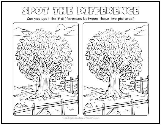 two coloring pages with trees and the words spot the differences on each page, which are in