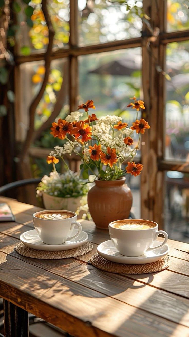 two cups and saucers on a wooden table with flowers in the vase behind them