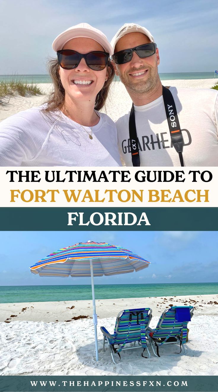 top photo: couple enjoying the beach; bottom photo: beach chair and beach umbrella for a day at the beach in Florida Emerald Coast Florida, Destin Florida Restaurants, Florida Vacation Spots, Fort Walton Beach Florida, Best Family Beaches, Alabama Beaches, North America Travel Destinations, Beach Read, Travel Bucket List Usa