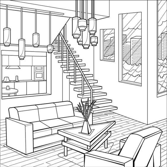 a drawing of a living room with stairs