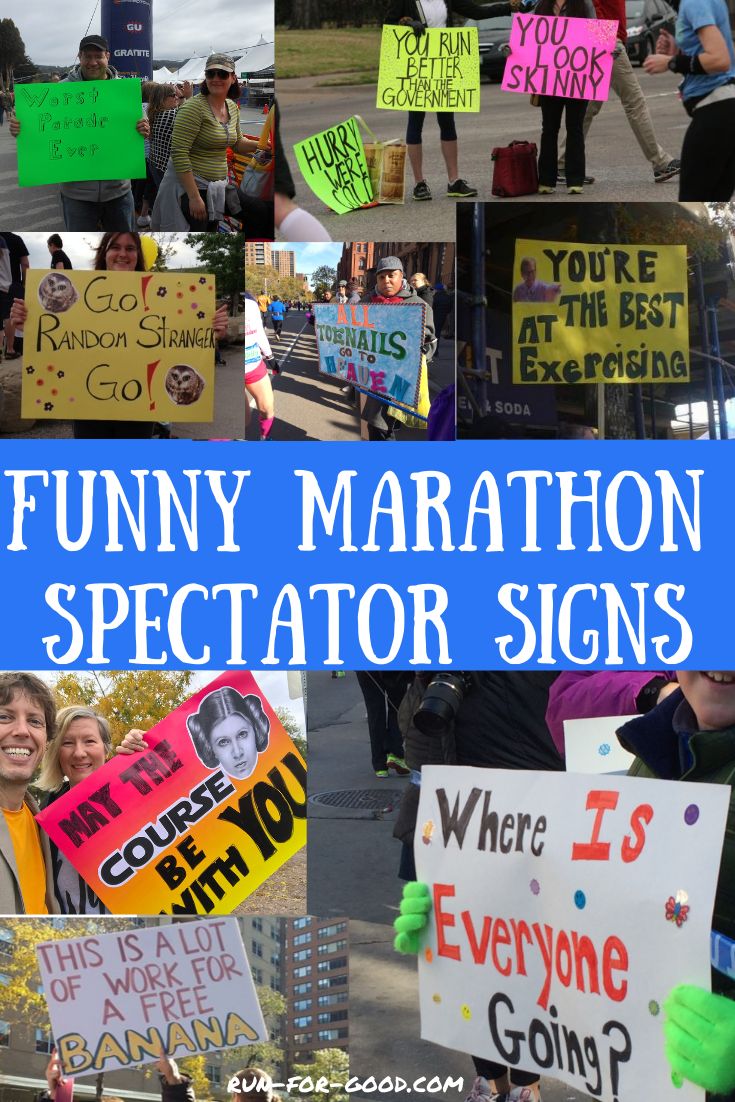 many people are holding signs with words on them and one person is holding a sign that says funny marathon spectator signs