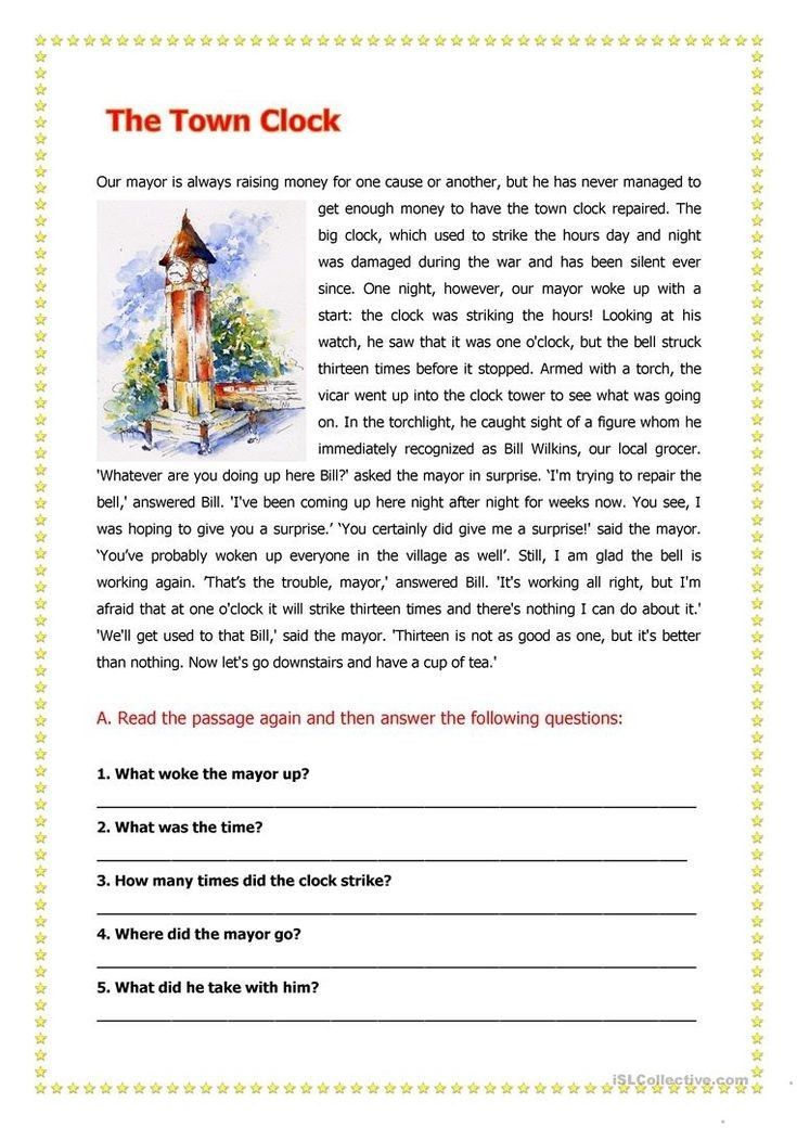 the town clock worksheet with answers and answer sheet for children's reading