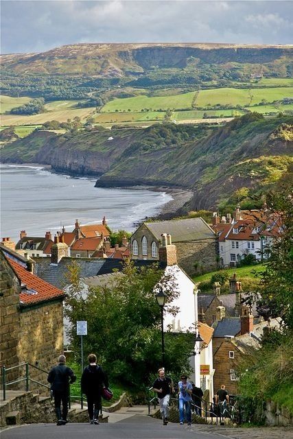 some people are walking down a hill by the water and buildings with hills in the background