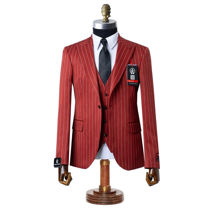 Chauncey | Red Pinstripe 3-Piece Tailored-Fit Suit Fitted Pinstripe Elegant Set, Red Single Breasted Luxury Suit, Striped Three-piece Suit With Notch Lapel For Business, Elegant Tailored Pinstripe Sets, Luxury Red Single Breasted Suit, Luxury Red Single-breasted Suit, Fitted Pinstripe Suits For Business Casual, Semi-formal Striped Three-piece Suit With Notch Lapel, Elegant Tailored Pinstripe Three-piece Suit