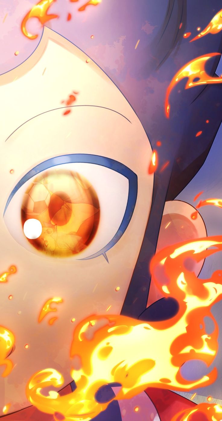 an anime character with fire coming out of his eyes