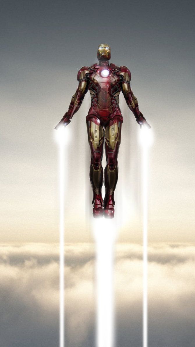 an iron man standing in the middle of clouds