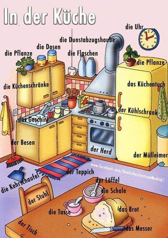 an illustrated kitchen with the words in german