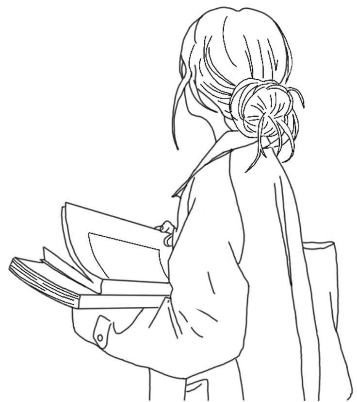 a drawing of a girl holding a book and looking at the pages in her hand