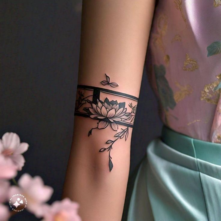 a woman with a tattoo on her arm and flower in front of her left arm