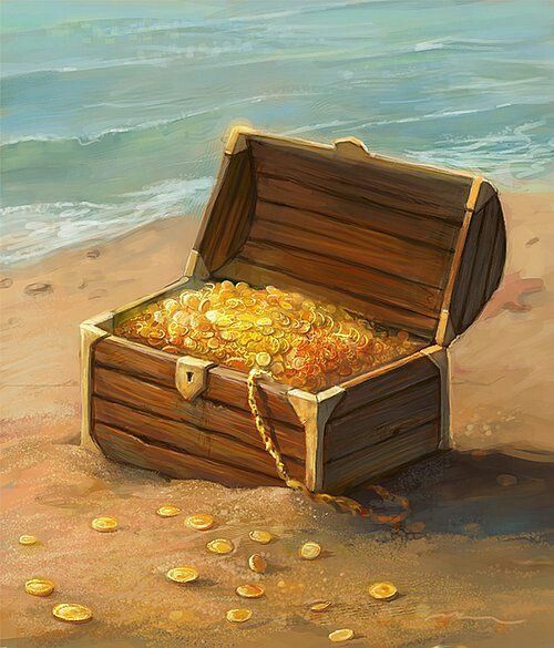 a painting of a chest full of gold coins on the beach