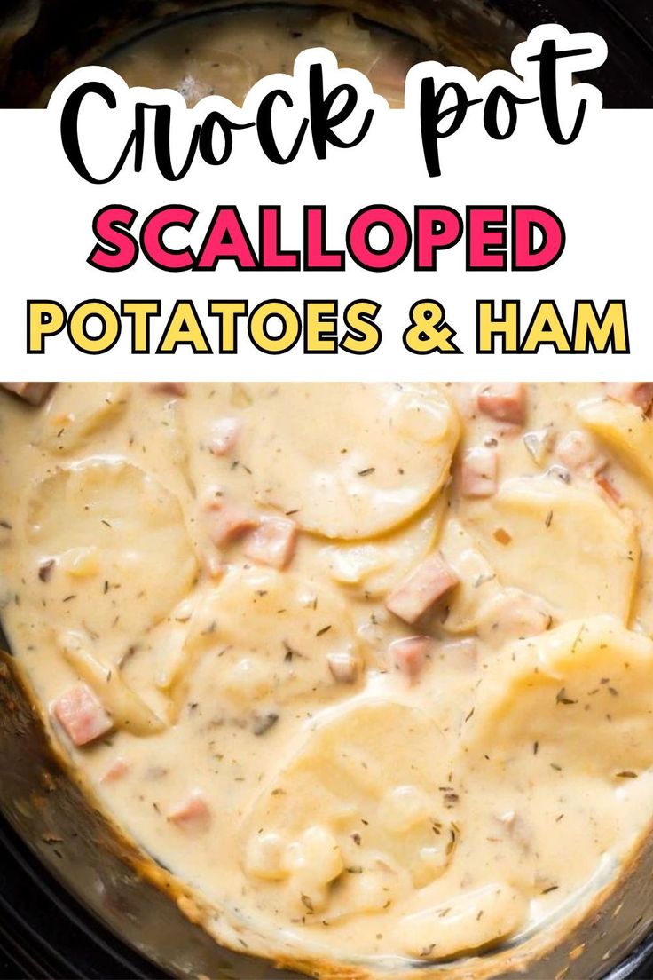 a crock pot filled with potatoes and ham in a creamy sauce that is ready to be eaten