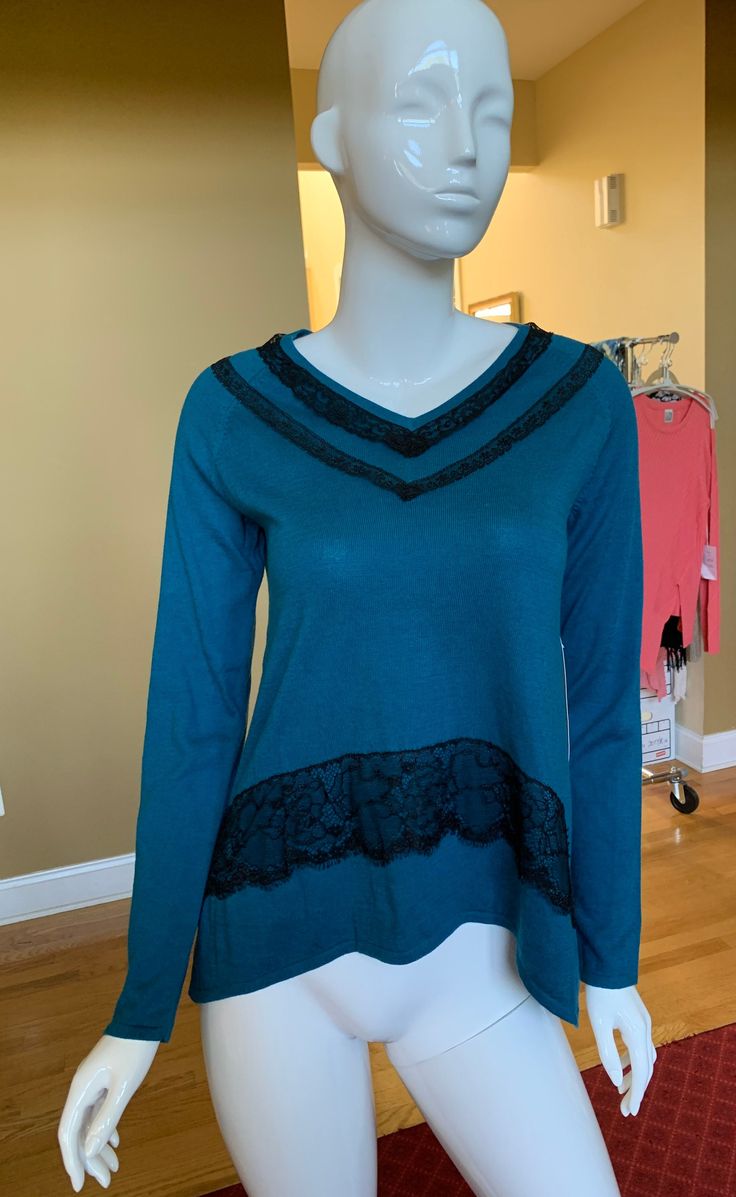 "Long sleeve v-neck tunic with beautiful lace details.  A-line shape with slight shark bite hem for excellent draping.  24\" long, 38\" bust.  Teal with black lace" Lace Trim Sweater, Pointelle Sweater, Cold Shoulder Sweater, Beautiful Sweater, Shoulder Sweater, Women Pullover, Vneck Sweater, Lace Detail, Black Lace