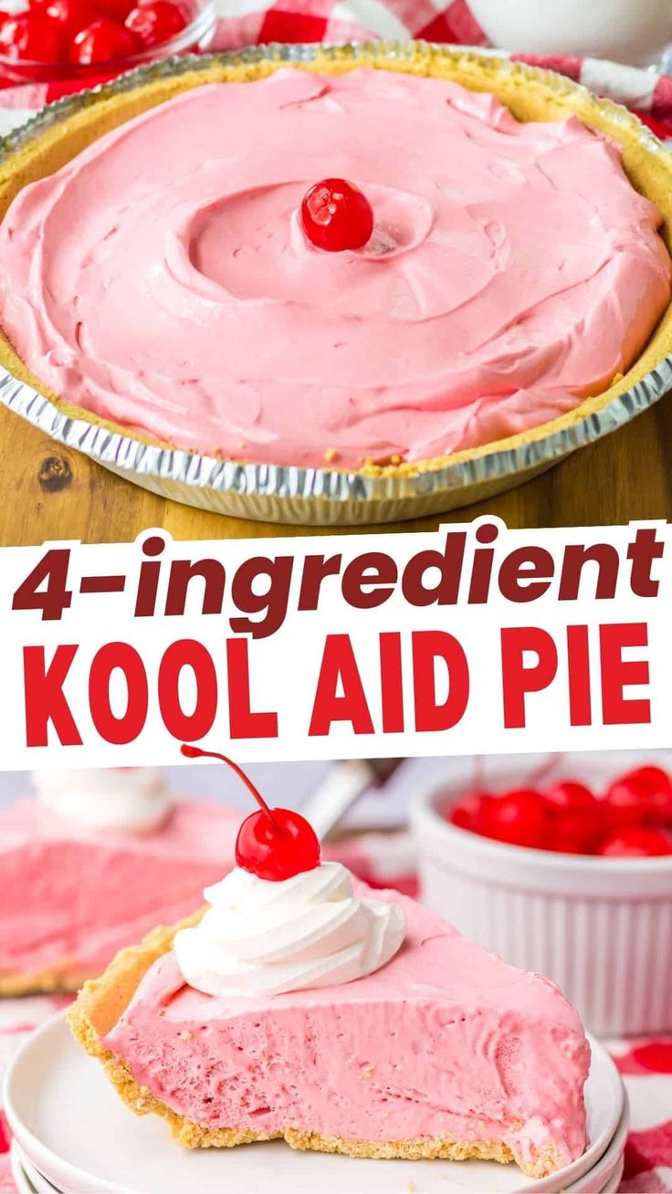 the four ingredient kool aid pie is ready to be eaten with cherries on top