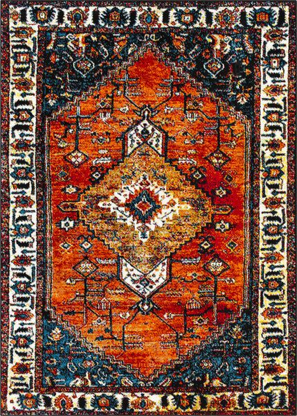 an orange and blue rug with many different colored designs on the bottom, in various colors