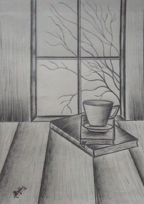 a drawing of a cup on a table in front of a window with a tree outside