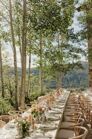 a long table set up for an outdoor dinner