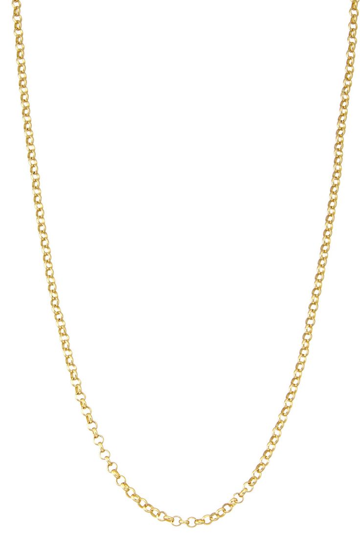 Simple details offer versatile styling of a rolo-chain necklace warmed with 14-karat-gold plating. Sterling silver/14k-gold plate Imported Rolo Chain Necklace, Gold Plated Charm Necklaces With Cable Chain Links, Gold Plated Charm Necklace With Cable Chain, Classic 14k Gold Charm Necklace With Cable Chain, Yellow Gold Link Charm Necklace With Cable Chain, Yellow Gold Oval Link Rolo Chain Necklace, Yellow Gold Necklace With Oval Link Rolo Chain, Gold Link Charm Necklace With Rolo Chain, Yellow Gold Charm Necklace With Oval Link Cable Chain