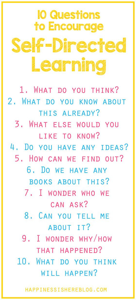 a poster with the words 10 questions to engage self - directed learning in yellow and red