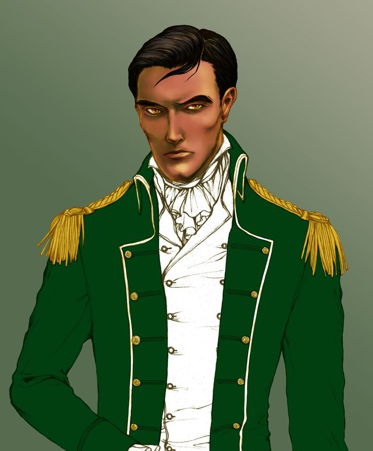 a drawing of a man in a green jacket and white shirt with his hands on his hips