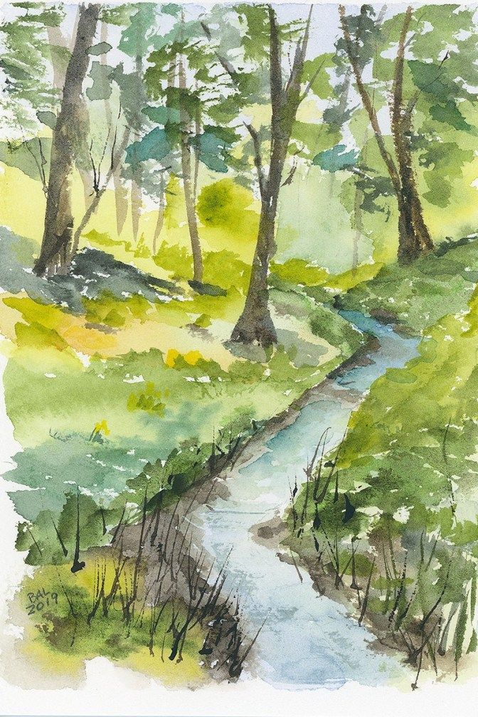 a watercolor painting of a stream in the woods