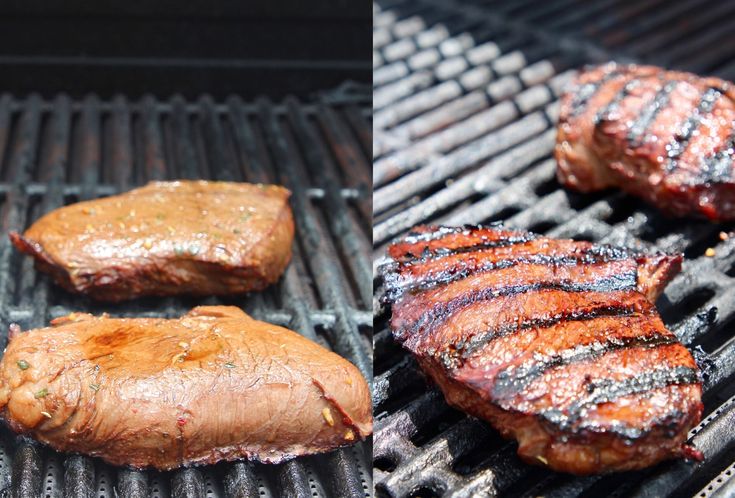 three steaks cooking on top of a grill next to another meat item being grilled