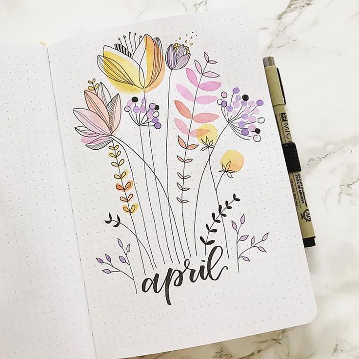 an open notebook with flowers and the word april written in black ink on top of it