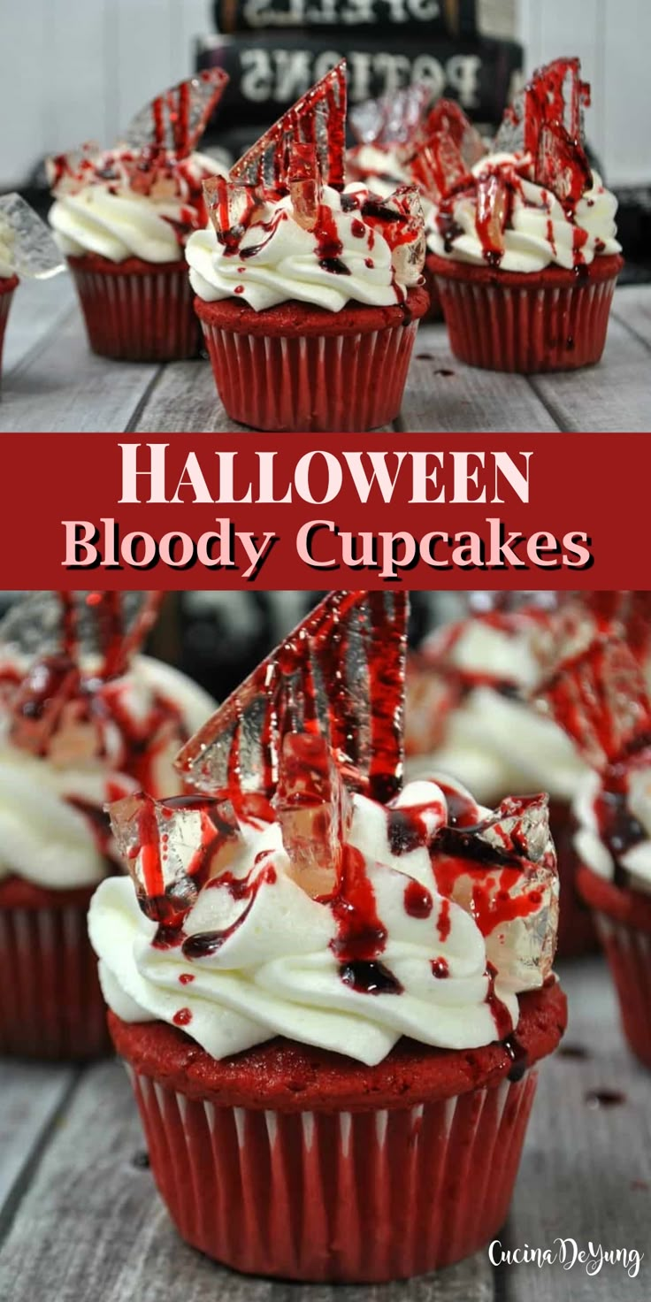 Halloween Bloody Cupcakes Recipe – CUCINADEYUNG Halloween Themed Desserts, Halloween Cupcakes Decoration, Halloween Food Cupcakes, Halloween Deserts, Postres Halloween, Fun Halloween Food, Halloween Fest, Halloween Food Treats, Halloween Foods