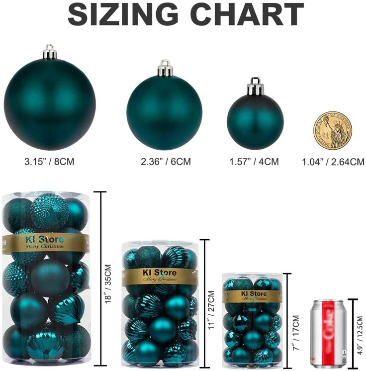 the sizes of christmas ornaments are shown in different colors and sizes, including green or teal