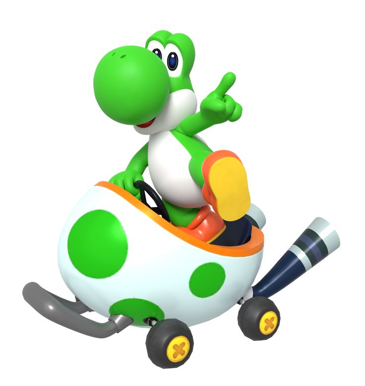 a green and white cartoon character riding on a toy car