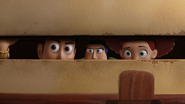 five cartoon characters are peeking out from behind a hole in the wall with their eyes wide open