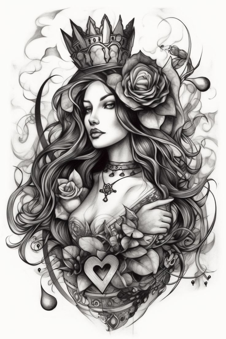 a drawing of a woman with roses and a crown on her head