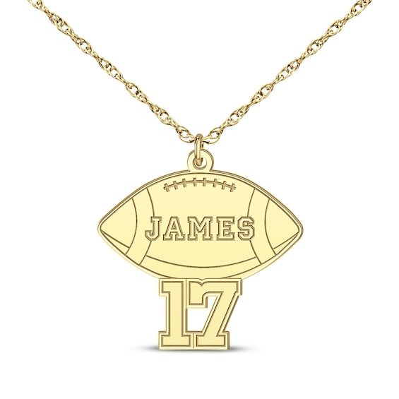 Show your athlete how proud you are of their game with this personalized necklace. 14K Yellow Gold Personalize with the name and number of your choosing 22-inch rope chain with lobster clasp Customizable Sports Team Color Jewelry For Events, Customizable Team Spirit Jewelry For Game Day, Personalized Team-colored Sports Jewelry, Customizable Team Spirit Sports Jewelry, Football Names, Number Necklace, Accessories Jewelry Necklace, Personalized Necklace, Rope Chain