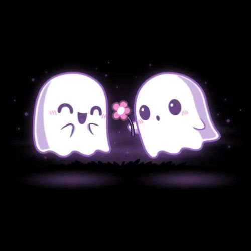 two ghost characters standing next to each other on a dark background with flowers in their hands