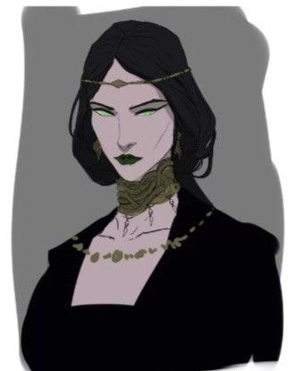 a drawing of a woman with green eyes and a necklace on her neck, wearing a black dress