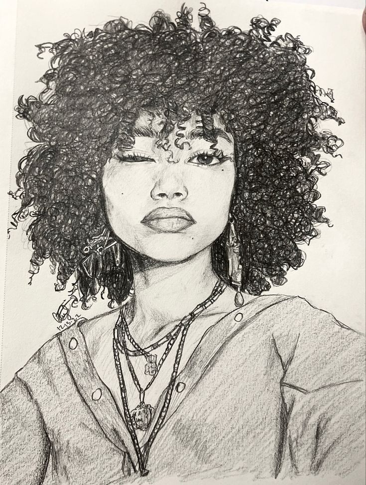 a drawing of a woman with curly hair