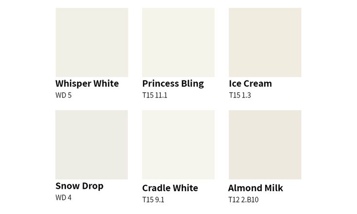 the different shades of white paint for walls and ceilings, with names on each side